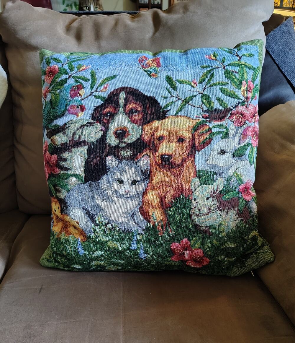 Vintage Woven Tapestry Throw Pillow dog cats garder cottage core 18" square